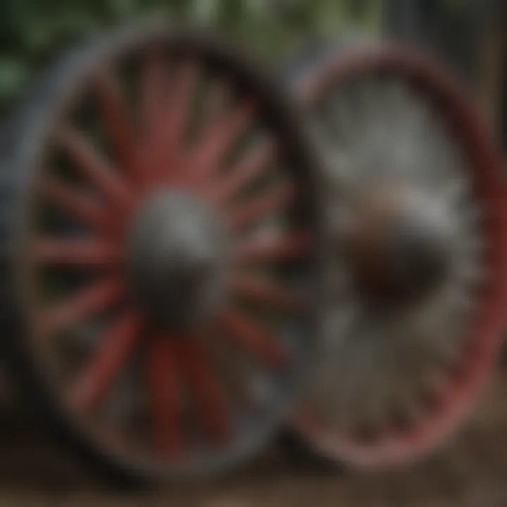 Various designs of JD planter closing wheels displayed side by side for comparison.