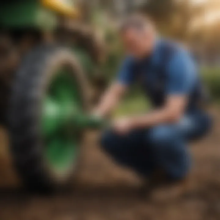 Technician performing maintenance on JD planter closing wheels, emphasizing upkeep for optimal performance.