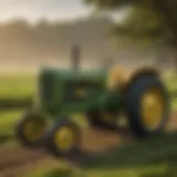 A vintage John Deere tractor in a picturesque field