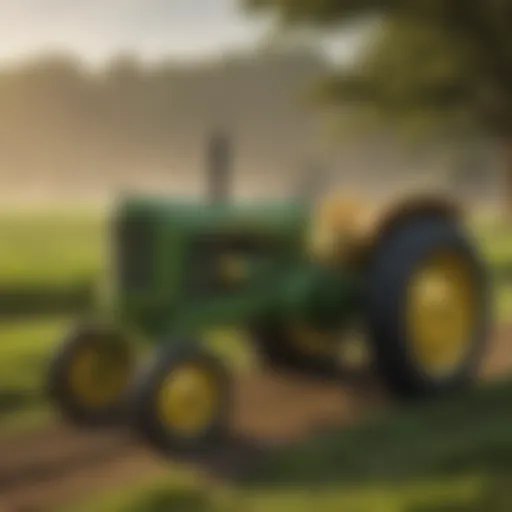 A vintage John Deere tractor in a picturesque field
