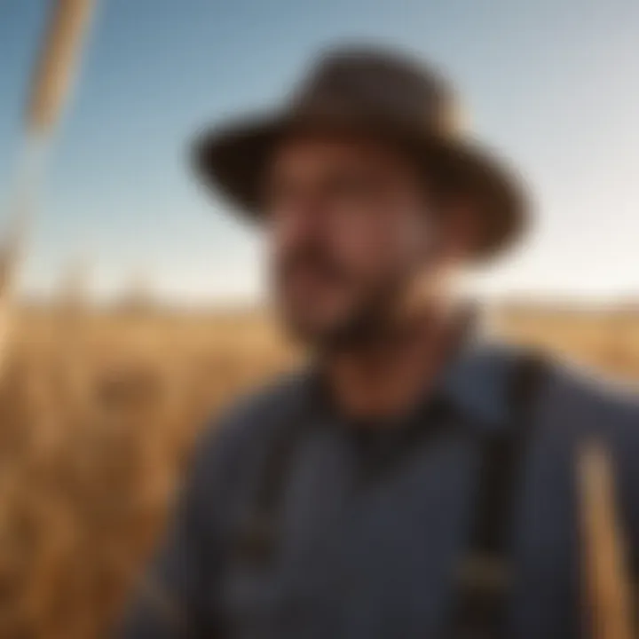 A farmer inspecting wheat crop growth