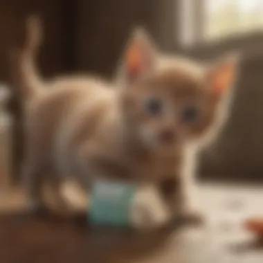 A playful kitten receiving medication