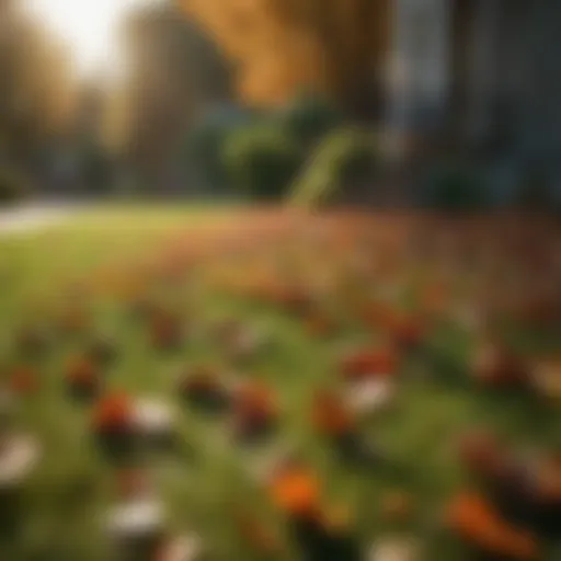 Vibrant green lawn in autumn with fallen leaves