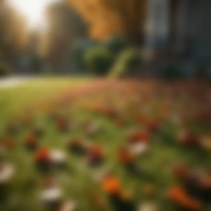 Vibrant green lawn in autumn with fallen leaves