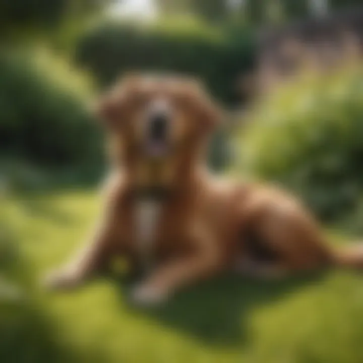 A dog calmly resting in a garden with healthy grass.