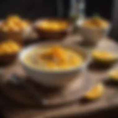Elegant Display of Mango Smoothie Bowl Artful presentation of a mango smoothie bowl on a rustic table.