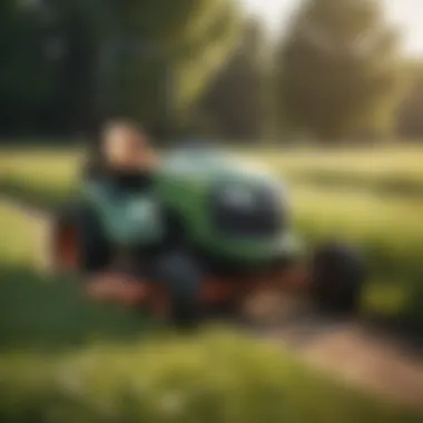 Manual gear riding mower in a lush green field