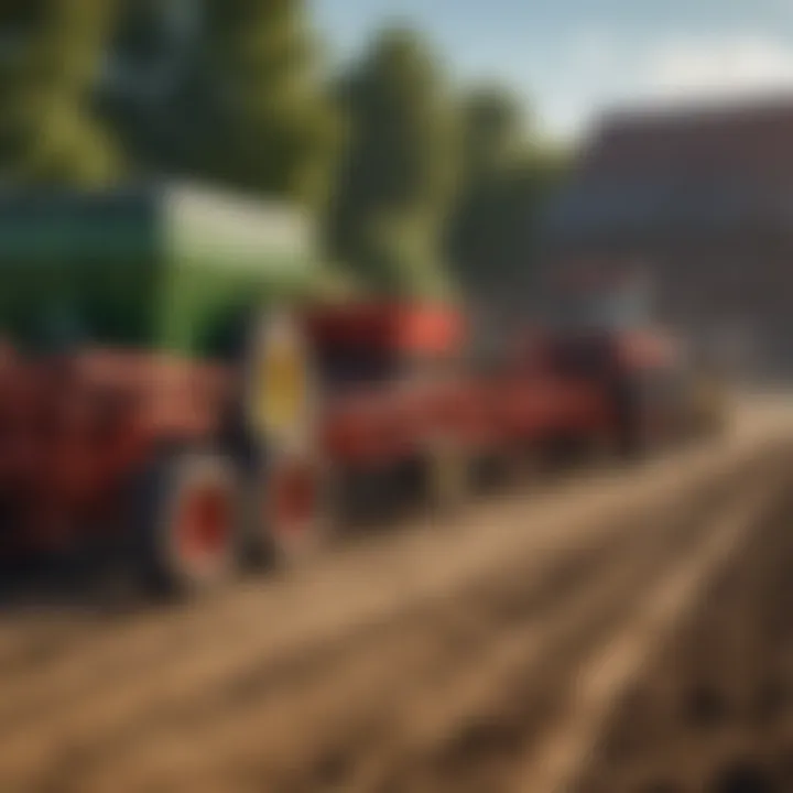 A range of manure spreaders displayed in a farm setting, illustrating the variety available to farmers.