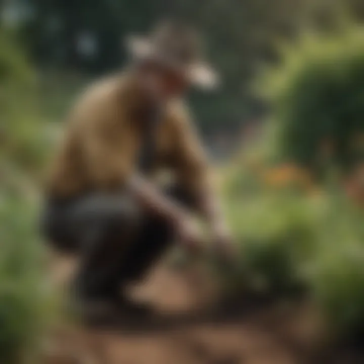 A gardener applying marking paint in a horticultural setting