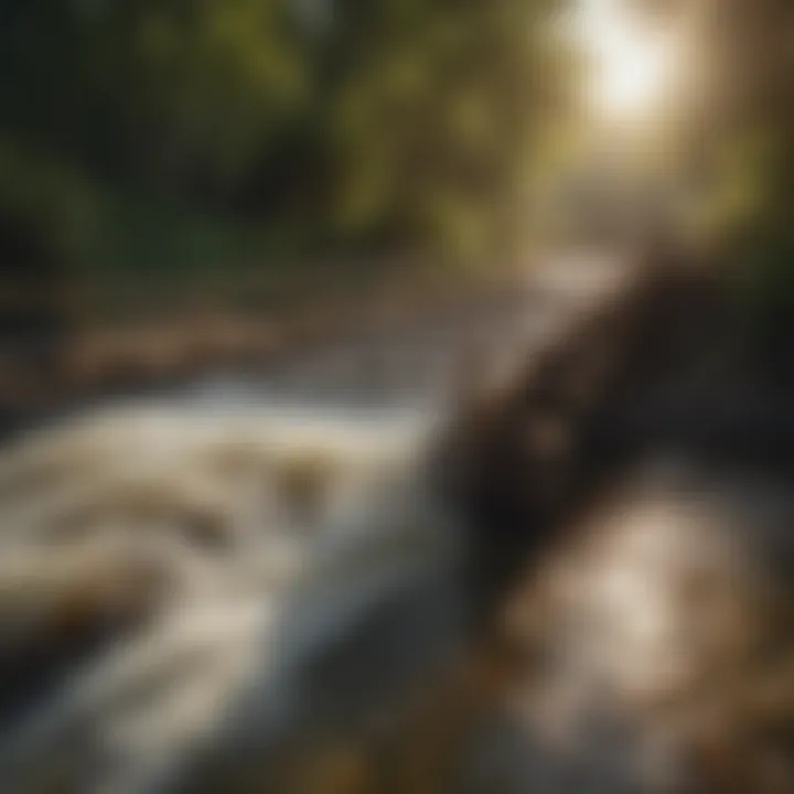 A traditional weir structure in a river for measuring water flow.