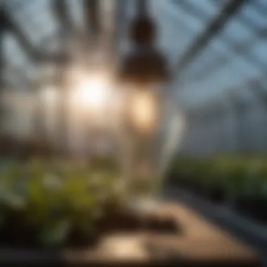 Close-up of a metal halide bulb illuminating a greenhouse