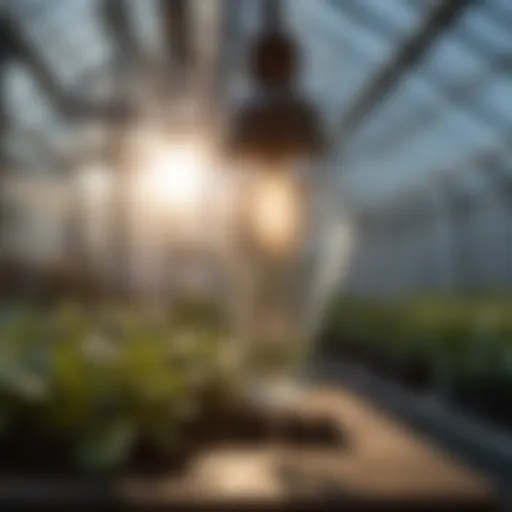 Close-up of a metal halide bulb illuminating a greenhouse