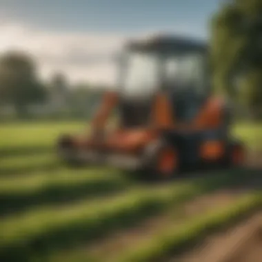 Mini excavator equipped with a mower head in action on a green field