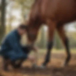 A professional trimming a horse's hoof in a serene outdoor setting