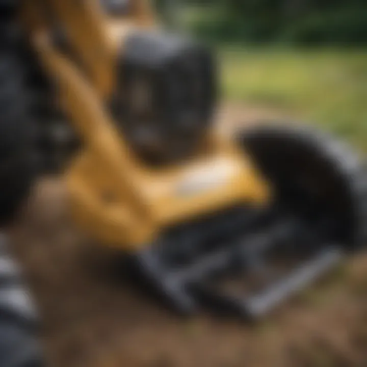 Close-up of mower head attachment on a mini excavator showcasing its blades