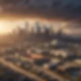 A skyline view of Los Angeles showcasing federal buildings