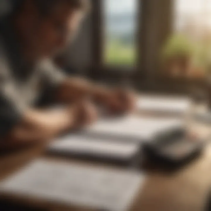 Illustration of a farmer analyzing budget notes with a calculator.