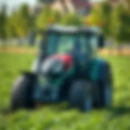 Modern tractor in a lush field