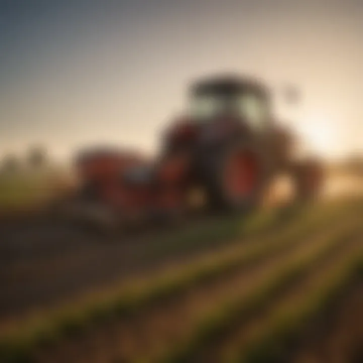 A farmer applying fertilizers in a field during golden hour