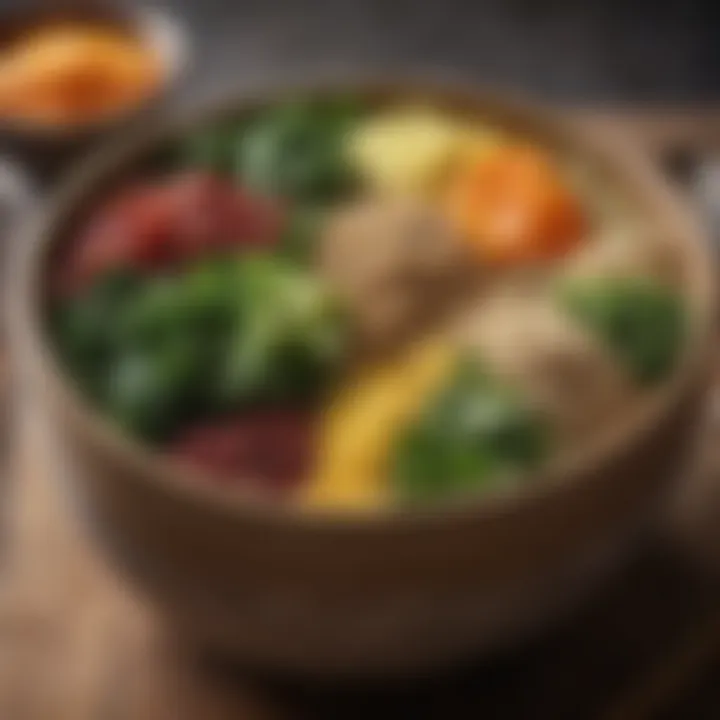 A close-up of a nutrient-dense grain bowl filled with quinoa, leafy greens, and assorted toppings.
