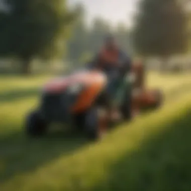 Riding lawn mower towing a trailer in a green field