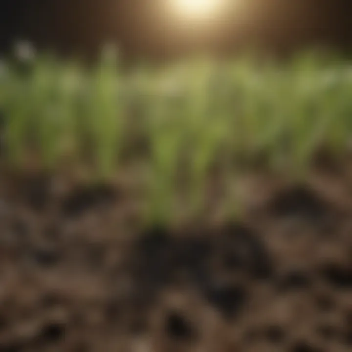 Close-up of healthy grass seedlings emerging from soil