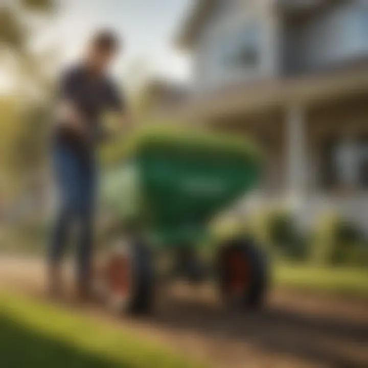 Seed spreader in action on a lawn