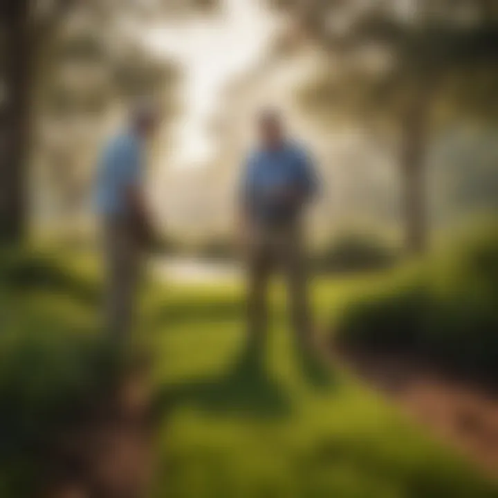 Gardener and landscaping professional discussing Palisades Zoysia