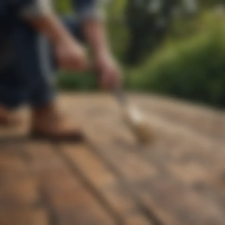 A person applying preservative to a deck with a brush, ensuring even coverage.