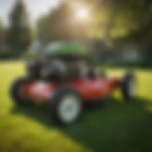 A traditional reel mower in action on a lush green lawn