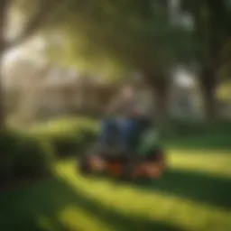Riding lawn mower with integrated leaf vacuum on a lush green lawn