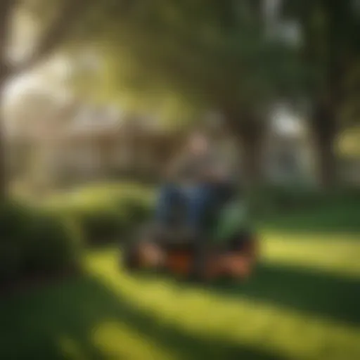 Riding lawn mower with integrated leaf vacuum on a lush green lawn
