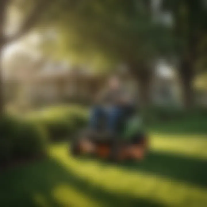 Riding lawn mower with integrated leaf vacuum on a lush green lawn