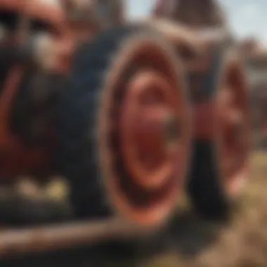 Close-up of vintage farming equipment on display at the auction