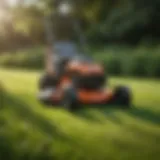 A compact walk-behind mower in action on a lush green lawn.