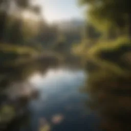 A serene pond with clear water reflecting the sky