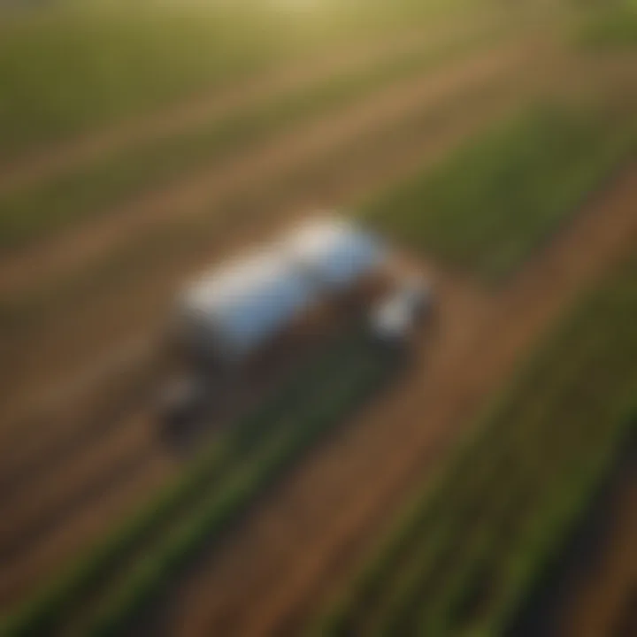 An aerial view of a technologically advanced farm with smart irrigation systems.