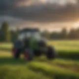 A sub-compact tractor navigating a vibrant green field