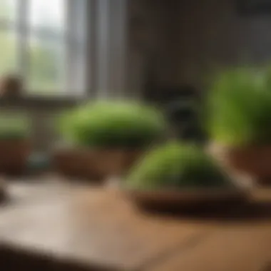 Various types of grass fertilizers displayed on a wooden table