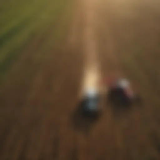 Aerial view of an advanced agricultural field with high-tech equipment.
