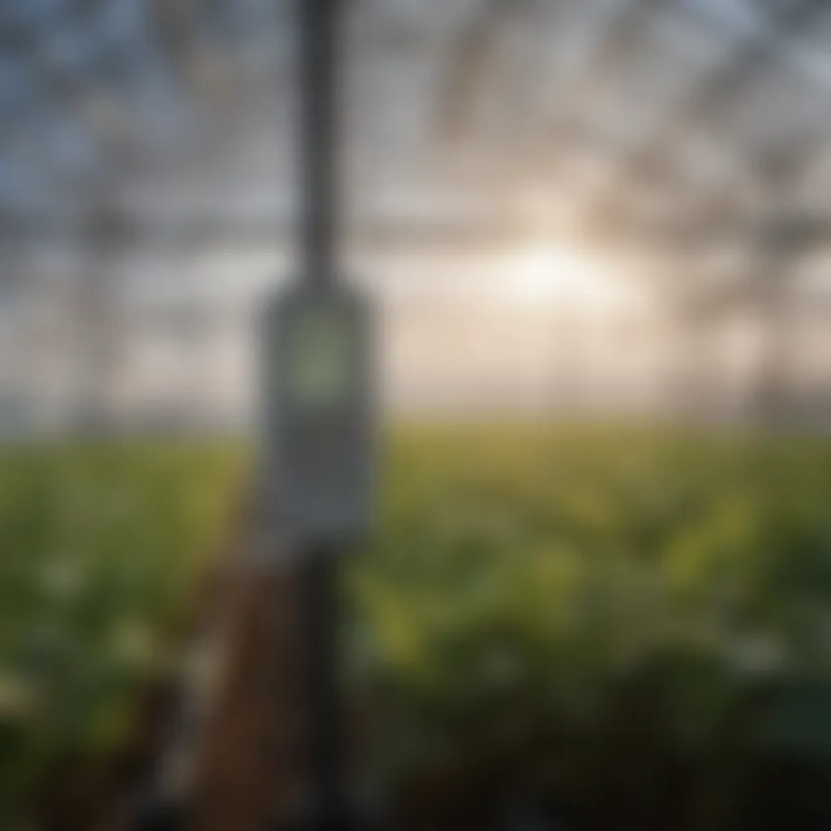 High-low thermometer in a greenhouse setting showing temperature readings