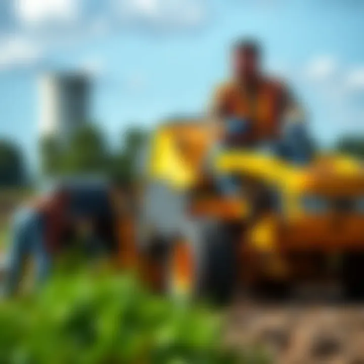 Landscaper Utilizing Lawn Tractor with Grader A professional landscaper using a lawn tractor with a grader for landscaping tasks