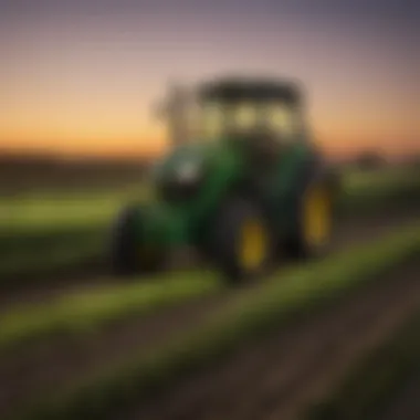 Tiger Lights mounted on a John Deere tractor illuminating a field at dusk