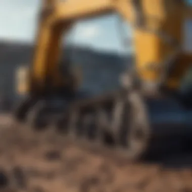 Close-up of tracked excavator components and design