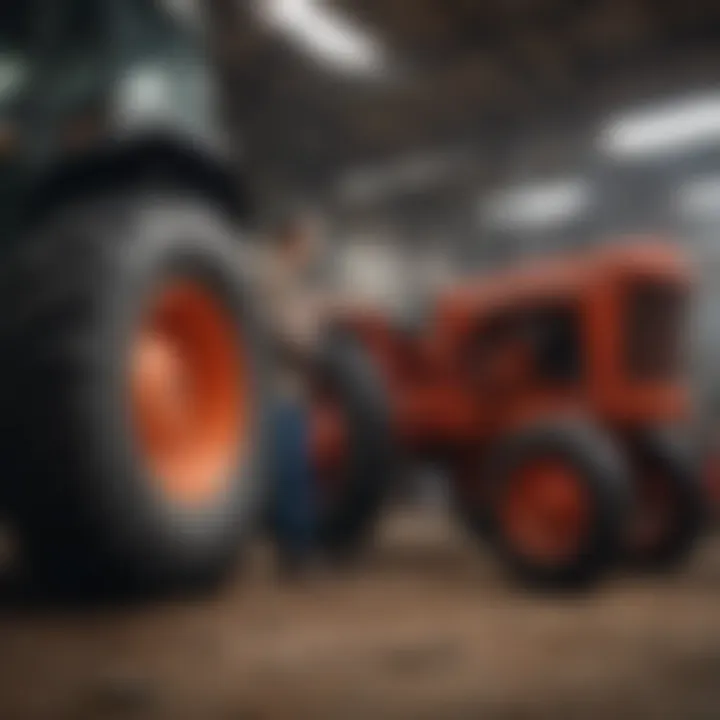 A mechanic inspecting a used tractor for maintenance