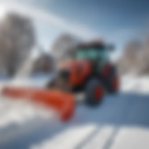 Illustration of a tractor mounted snowblower in action clearing snow from a driveway
