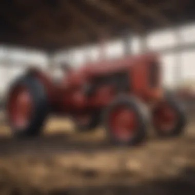 Historical farming equipment displayed alongside contemporary agricultural machinery.