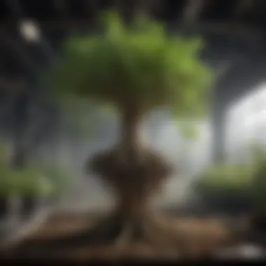 Roots in Aeroponic Environment Roots suspended in air within an aeroponic setup