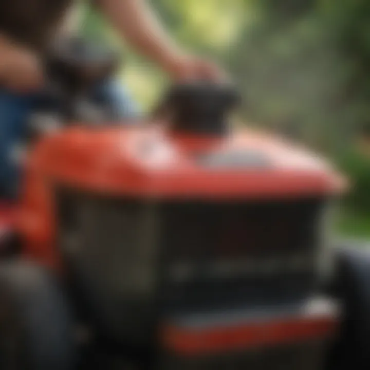 Visual guide on maintaining a Huskee riding mower air filter with cleaning tools