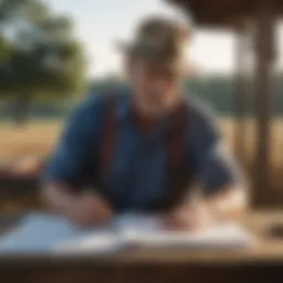 A farmer analyzing financial documents in a field